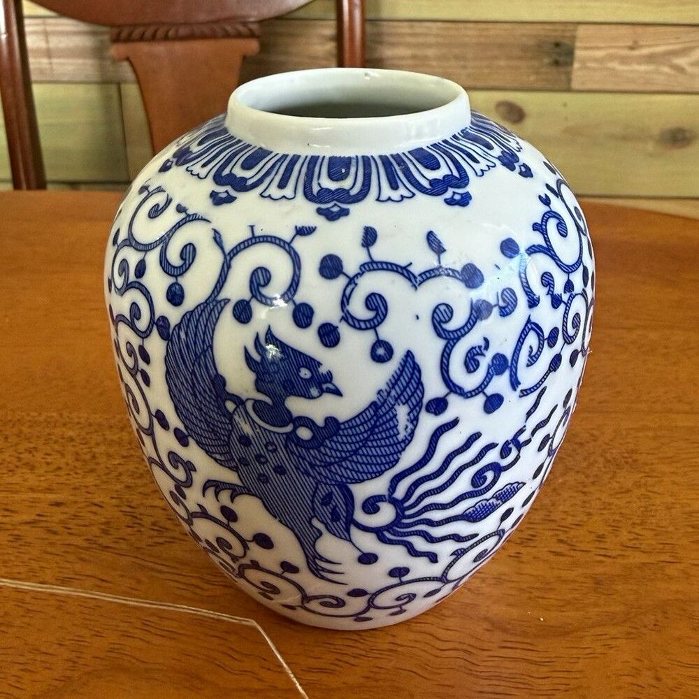 Blue & White Porcelain Vase Bird & Floral Pattern 3.5” Asian Theme